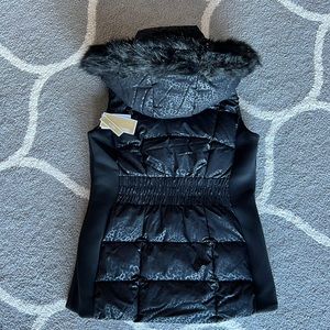 Michael Kors, black vest with faux fur hood, gold hardware, small